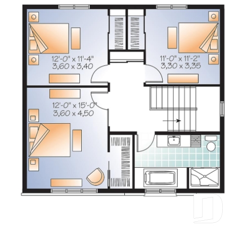 Étage - Plan de maison à étage contemporaine, 3 chambres, grand salon, foyer double, garde-manger - Altaire