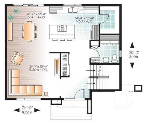 Rez-de-chaussée - Plan de maison moderne 3 chambres, grande cuisine, garde-manger, buanderie au premier, walk-in - Valcourt