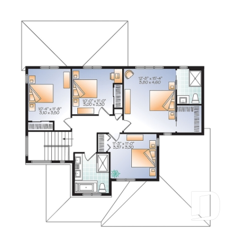 Étage - Plan de maison moderne rustique, garage double, 4 chambres, aire ouverte, foyer, terrasse abritée - Lexington