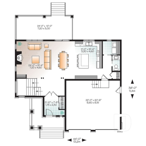 Rez-de-chaussée - Plan de maison moderne rustique, garage double, 4 chambres, aire ouverte, foyer, terrasse abritée - Lexington
