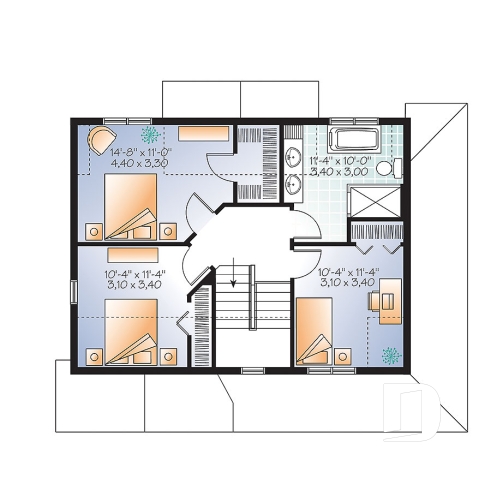Étage - Plan de maison style transitionnel, grand vestibule, buanderie, grand îlot, 3 chambres, galerie 2 faces - Houston
