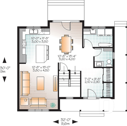 Rez-de-chaussée - Plan de maison style transitionnel, grand vestibule, buanderie, grand îlot, 3 chambres, galerie 2 faces - Houston