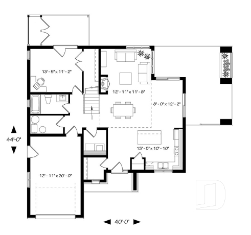 Rez-de-chaussée - Plan de maison Scandinave 3 à 4 chambres, balcon chambre parents, terrasse arrière abritée - Azalée