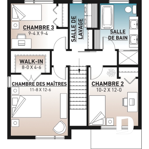 Étage - Plan de petite maison contemporaine 2 étages, 3 chambres, salle de lavage à l'étage, garde-manger - Cubika