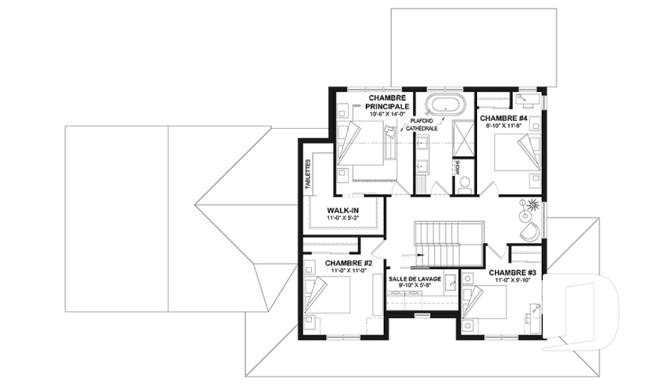 Étage - Plan de maison Farmhouse à étage, avec garage double et 4 à 6 chambres, rez-de-jardin aménagé - Carolina