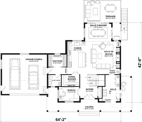 Rez-de-chaussée - Plan de maison Farmhouse à étage, avec garage double et 4 à 6 chambres, rez-de-jardin aménagé - Carolina