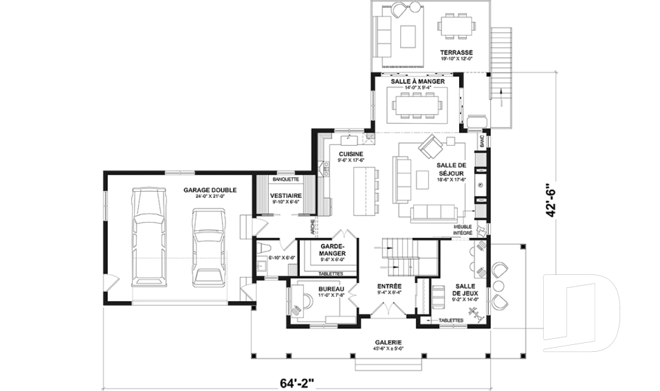 Rez-de-chaussée - Plan de maison Farmhouse à étage, avec garage double et 4 à 6 chambres, rez-de-jardin aménagé - Carolina