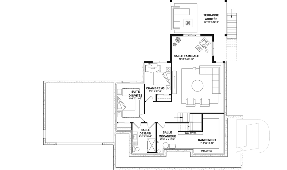 Sous-sol - Plan de maison Farmhouse à étage, avec garage double et 4 à 6 chambres, rez-de-jardin aménagé - Carolina