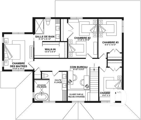 Étage - Modèle de farmhouse 4 chambres, galerie sur 4 faces, salle de jeux, espace 2 bureaux - Rivard