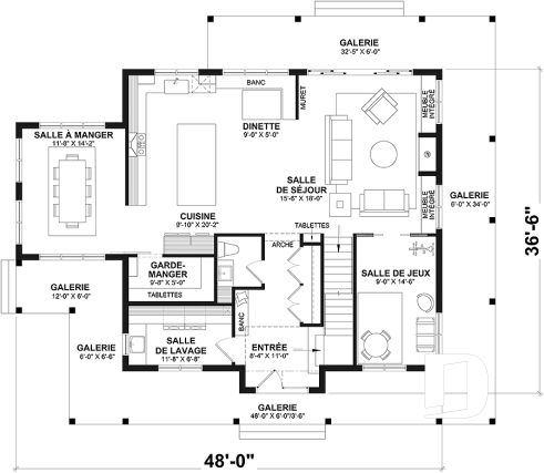 Rez-de-chaussée - Modèle de farmhouse 4 chambres, galerie sur 4 faces, salle de jeux, espace 2 bureaux - Rivard