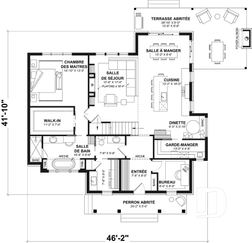 Rez-de-chaussée - Plan de maison cottage lumineux avec 3 chambres, plafond 18'4" et sous-sol évolutif - Elliot