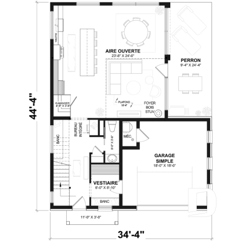 Rez-de-chaussée - Plan de maison parfaite pour terrain avec vue, proposant 3 chambres, garage et aire ouverte! - West Coast