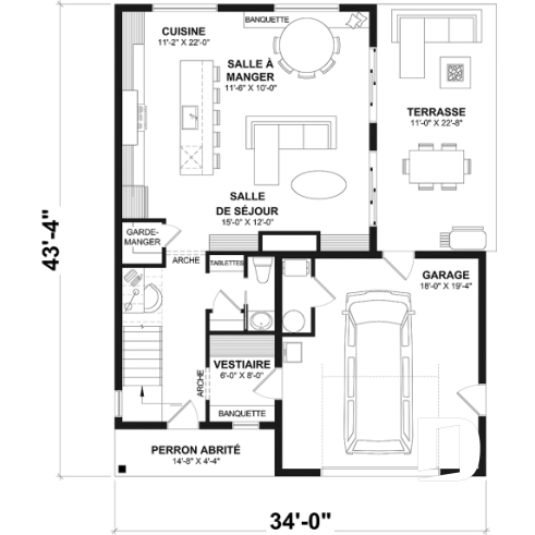 Rez-de-chaussée - Plan de maison avec 3 chambres et salle de bain à l'étage, superbe îlot à la cuisine, coin bureau, vestiaire - West Coast 2