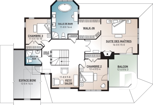 Étage - Plan de maison pour bord de l'eau, 3 chambres, plafond 9', coin lecture, 2 salons, garage double - Meridian 1