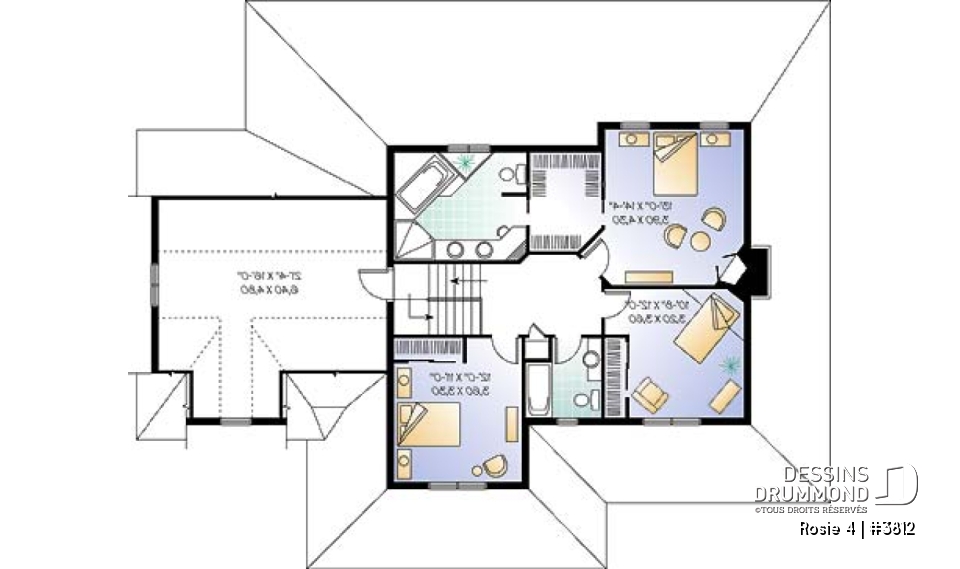 Étage - Plan de maison champêtre américaine, 3 à 4 chambres, balcon arrière habrité, bureau - Rosie 4