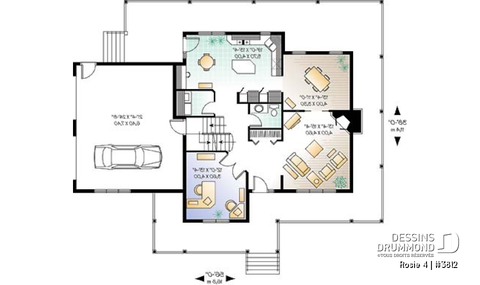 Rez-de-chaussée - Plan de maison champêtre américaine, 3 à 4 chambres, balcon arrière habrité, bureau - Rosie 4