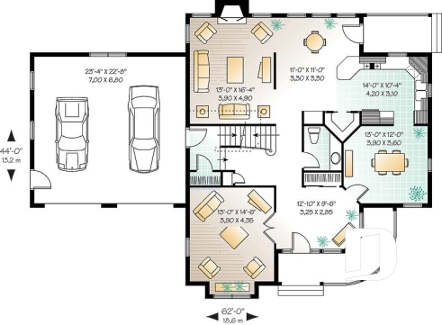 Rez-de-chaussée - Plan de maison victorienne, 3 à 4 chambres, salon et salle familiale séparée, espace boni au-dessus du garage - Clair de lune