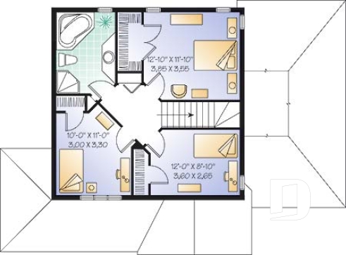 Étage - Plan de maison champêtre économique, 3 chambres, garage et sous-sol aménageable - Belcourt