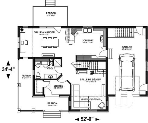 Rez-de-chaussée - Plan de maison de campagne avec garage, grand portique d'entrée avec garde-robe, 3 chambres, 2 salles de bain - Belcourt 2