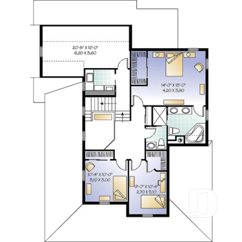 Étage - Plan de maison 3 chambres, grande galerie couverte à l'avant, garage double, mezzanine, plafond 9' - Darma 5
