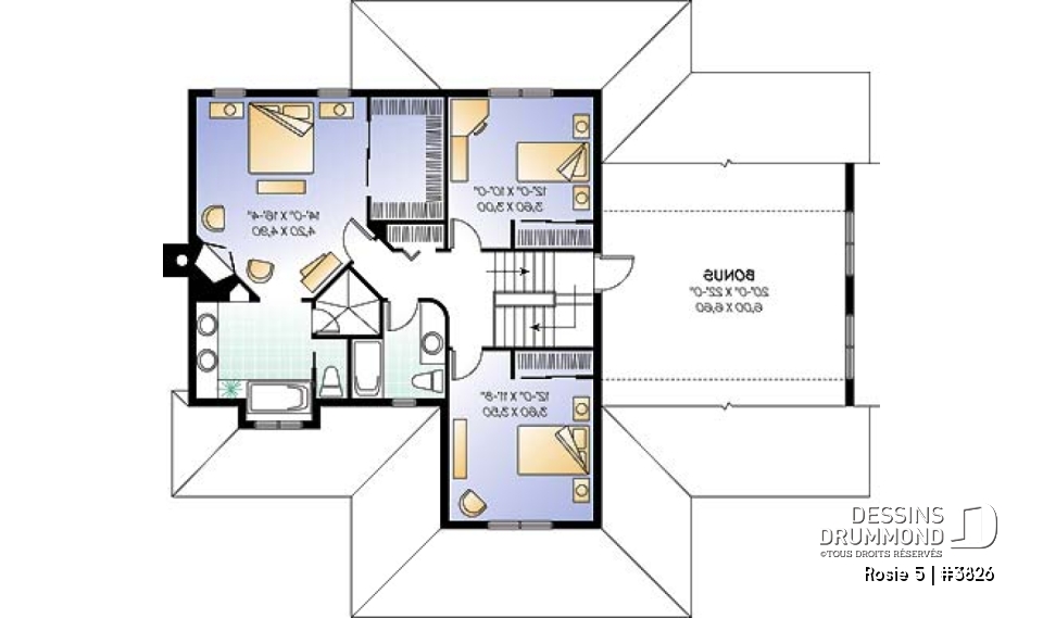 Étage - Plan de maison champêtre, 3 à 4 chambres, garage 3 voitures, bureau à domicile, coin déjeuner - Rosie 5