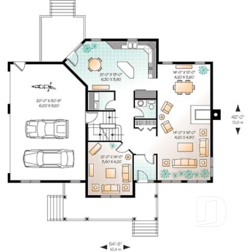Rez-de-chaussée - Plan de maison champêtre, 3 à 4 chambres, garage 3 voitures, bureau à domicile, coin déjeuner - Rosie 5