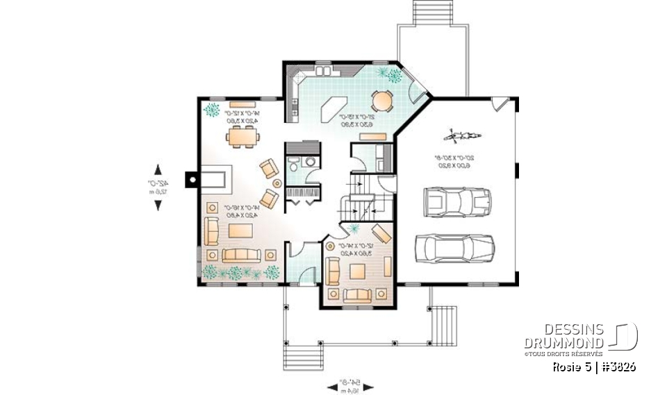 Rez-de-chaussée - Plan de maison champêtre, 3 à 4 chambres, garage 3 voitures, bureau à domicile, coin déjeuner - Rosie 5