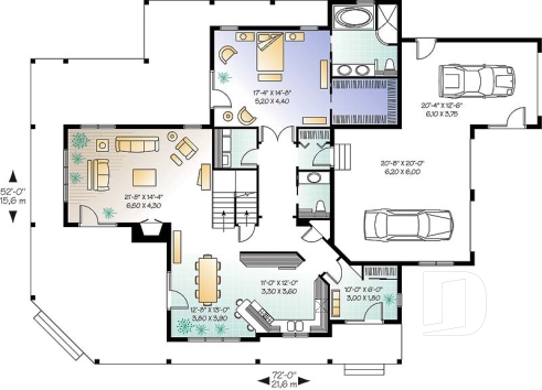 Rez-de-chaussée - Plan de maison champêtre 4 chambres, garage triple, chambre des maîtres au r-d-c, foyer, buanderie - Héritage 4