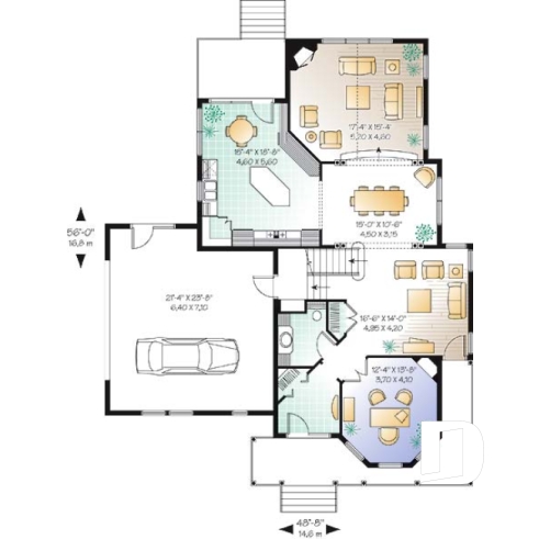 Rez-de-chaussée - Plan de maison champêtre victorienne, 3 chambres + pièce boni + bureau avec foyer, garage double, plafond 9' - Mathilde 5