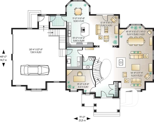 Rez-de-chaussée - Plan de maison luxueuse, garage double, bureau, 2 salons, foyer sur 4 faces, dînette en solarium - Keira