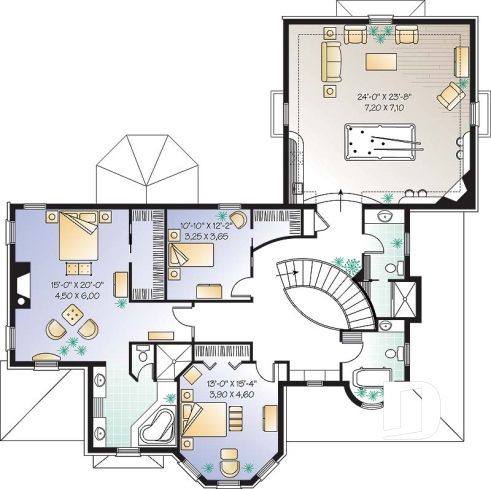 Étage - Plan de maison style château garage double, 3 à 4 chambres, bureau, buanderie, coin déjeuner en solarium - Compagnon