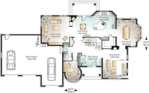 Rez-de-chaussée - Plan de maison avec 3 suites des maîtres, garage triple, 2 salons, grande salle à manger, 3 foyers - Colibri