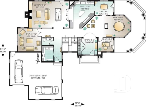 Rez-de-chaussée - Plan de maison 4 à 5 chambres, 3.5 salles de bain, garage triple, grand espace boni, bureau, foyer - Doble
