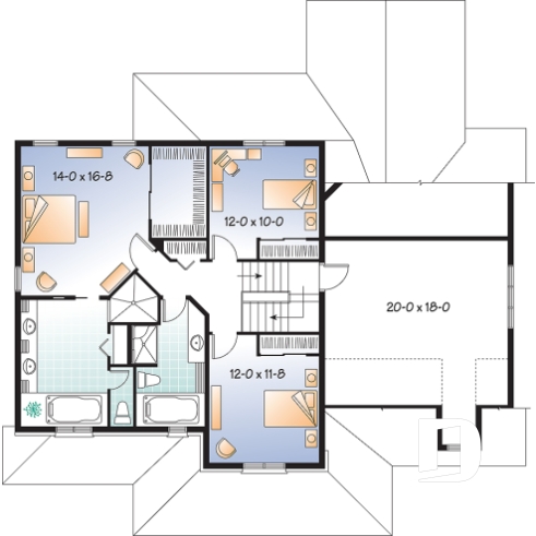 Étage - Plan de maison 3 à 4 chambres, style américain, bureau à domicile, garage double, solarium - Marseille 2