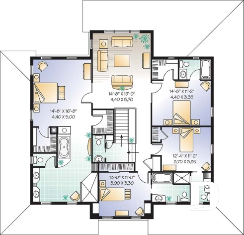 Étage - Plan de maison farmhouse américaine, grande suite des maîtres, 4 à 5 chambres, bureau, plafond 9' - La Fayette