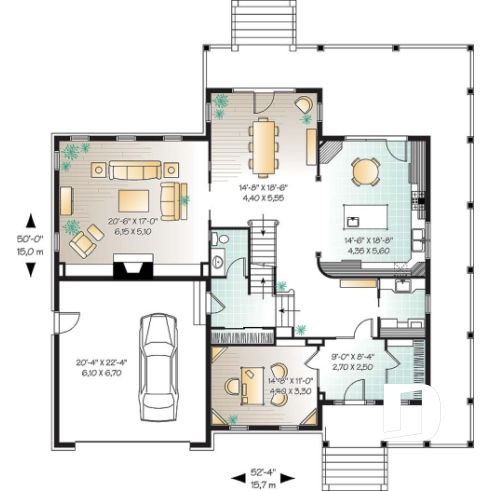 Rez-de-chaussée - Plan de maison farmhouse américaine, grande suite des maîtres, 4 à 5 chambres, bureau, plafond 9' - La Fayette