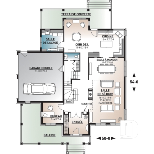Rez-de-chaussée - Plan de maison classique, 4 chambres, 2.5 salles de bain, garage double, bureau, foyer, vestibule - Concordia