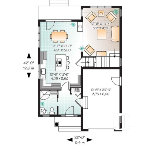 Rez-de-chaussée - Plan de maison Tudor pour terrain étroit, 3 chambres, buanderie à l'étage, mezzanine, espace ouvert - Jolain