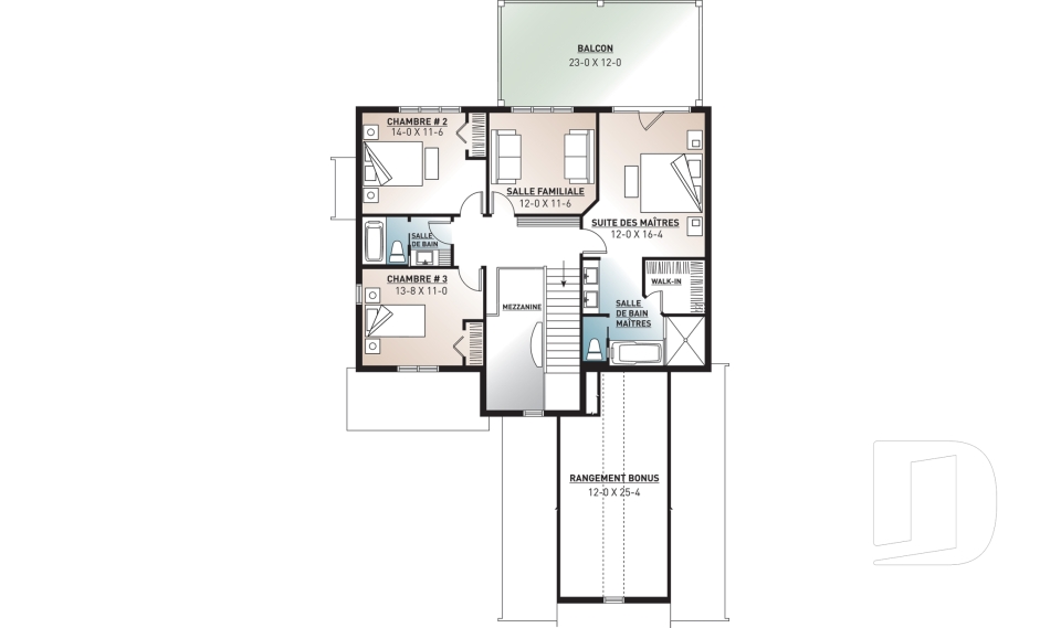 Étage - Plan de maison Farmhouse, 3-4 chambres, chambre parents avec balcon, terrasse, bureau, foyer, buanderie au rdc - Nikolas 2