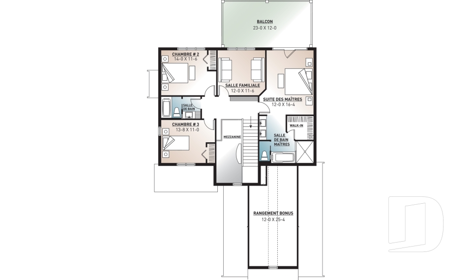 Étage - Plan de maison Farmhouse, 3-4 chambres, chambre parents avec balcon, terrasse, bureau, foyer, buanderie au rdc - Nikolas 2