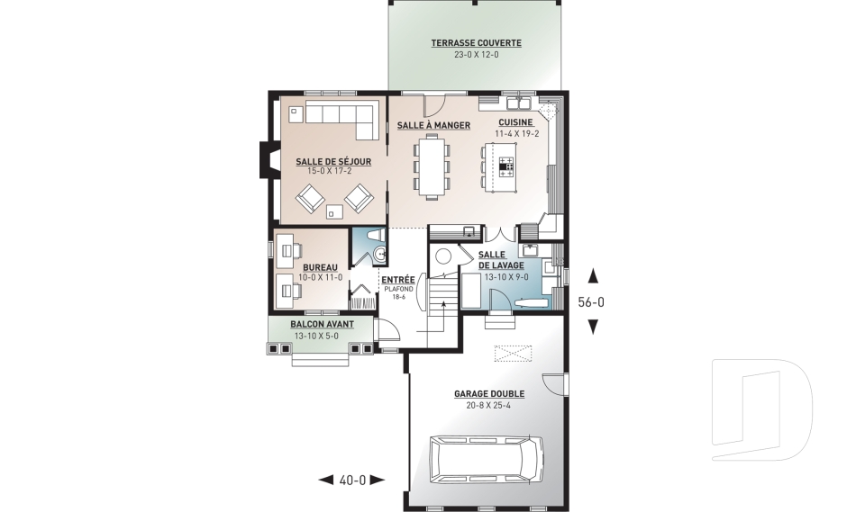Rez-de-chaussée - Plan de maison Farmhouse, 3-4 chambres, chambre parents avec balcon, terrasse, bureau, foyer, buanderie au rdc - Nikolas 2