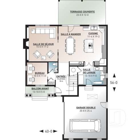 Rez-de-chaussée - Plan de maison Farmhouse, 3-4 chambres, chambre parents avec balcon, terrasse, bureau, foyer, buanderie au rdc - Nikolas 2