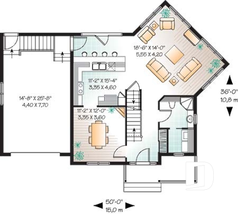 Rez-de-chaussée - Plan de maison à étage avec 3 chambres et garage, superbe salon avec beaucoup de fenêtres - Darmin