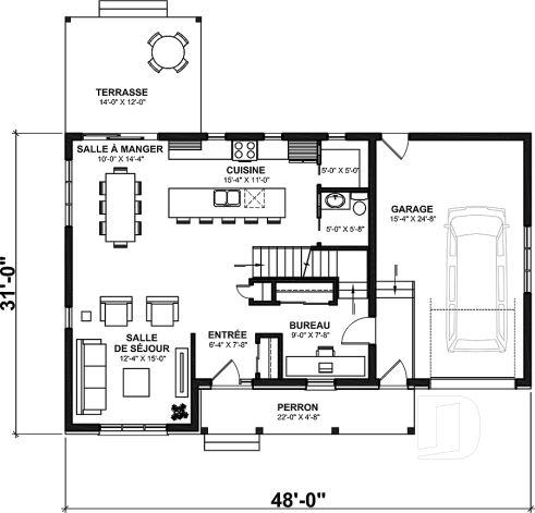 Rez-de-chaussée - Plan de maison Farmhouse à étage, 3 chambres + bureau, garage simple, grande cuisine avec garde-manger - Oakville 2