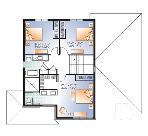 Étage - Plan de maison contemporaine à étage avec garage, 3 chambres, 2.5 salles de bain, foyer à la cuisine/s.manger - Monteillet