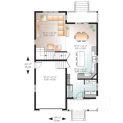 Rez-de-chaussée - Plan de maison moderne, 3 chambres, garage, mezzanine, terrasse abritée, salle d'eau et buanderie au premier - Citadelle