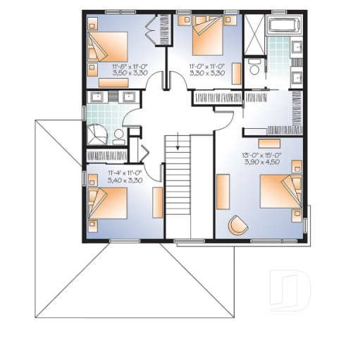 Étage - Plan de maison contemporaine moderne, 4 chambres,  garage, garde-manger, buanderie, espace ouvert - La Zen