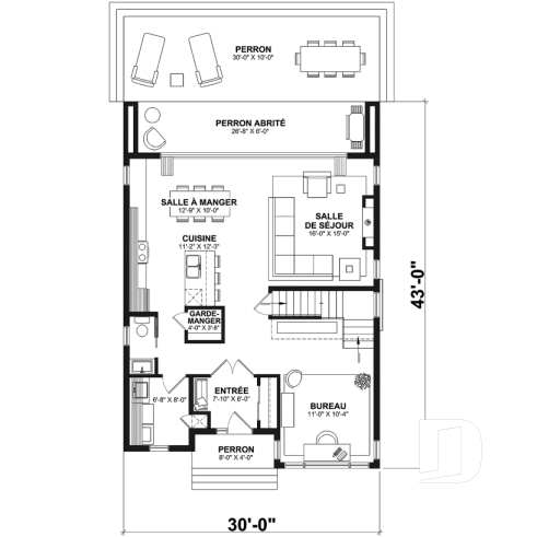Rez-de-chaussée - Plan contemporain 3 chambres, îlot & garde-manger, buanderie, chute linge, vestibule fermé, bureau à domicile - Essex 3