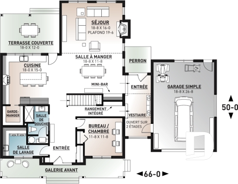Rez-de-chaussée - Plan maison 4 chambres, moderne rustique, 3 salles de bain, grand garage, salon avec plafond 20 pi. - Bridge