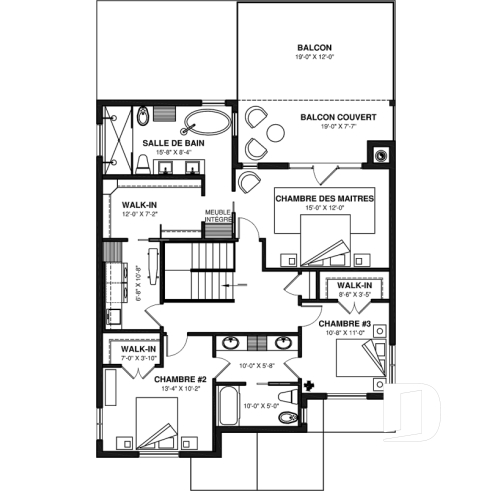 Étage - Plan de maison 3 à 6 chambres, grande suite des maîtres avec balcon privé, bureau, garde-manger, 2 foyers - Dumont